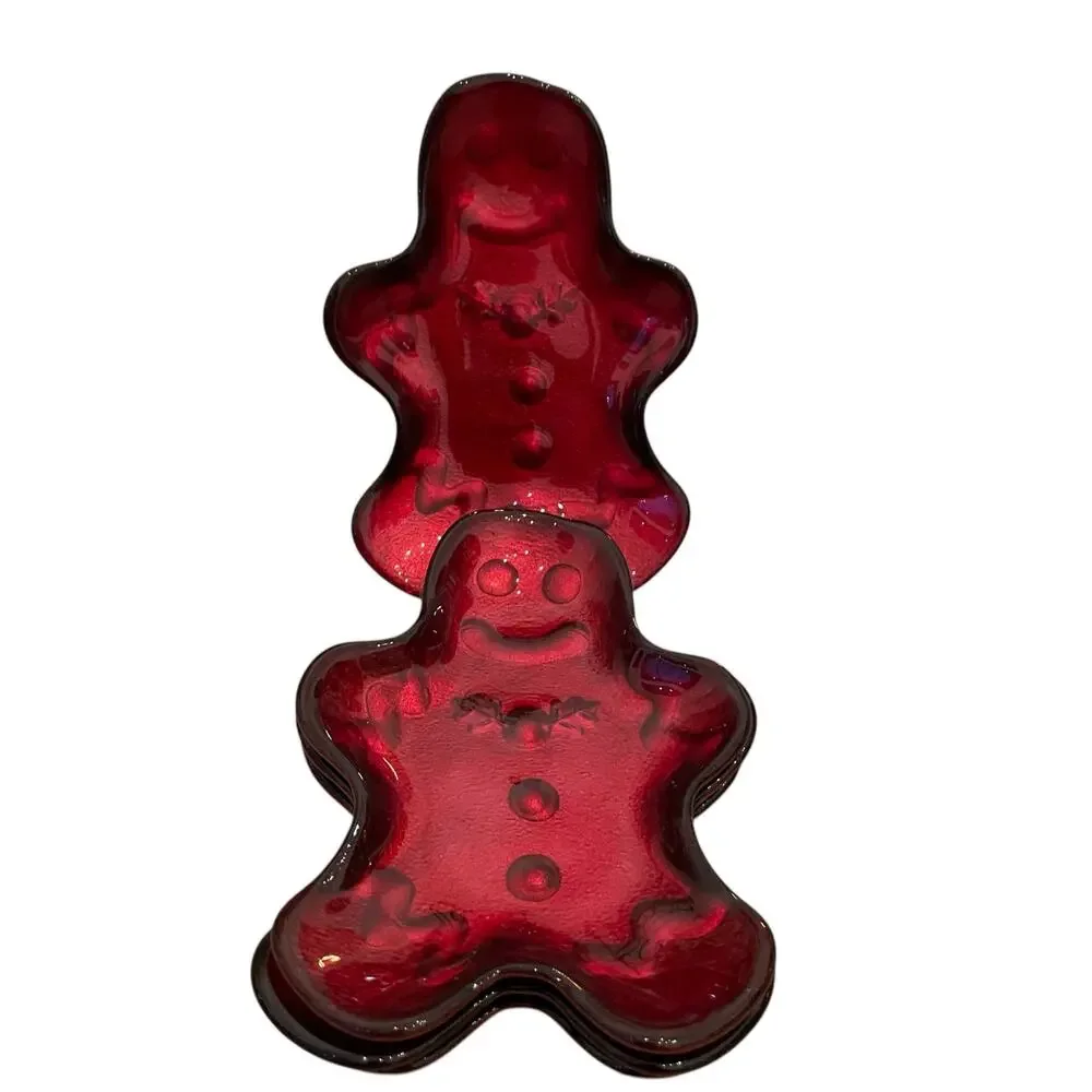 Akcam CHRISTMAS Gingerbread Man Glass Appetizer Plates Holiday Red Set of 4 New